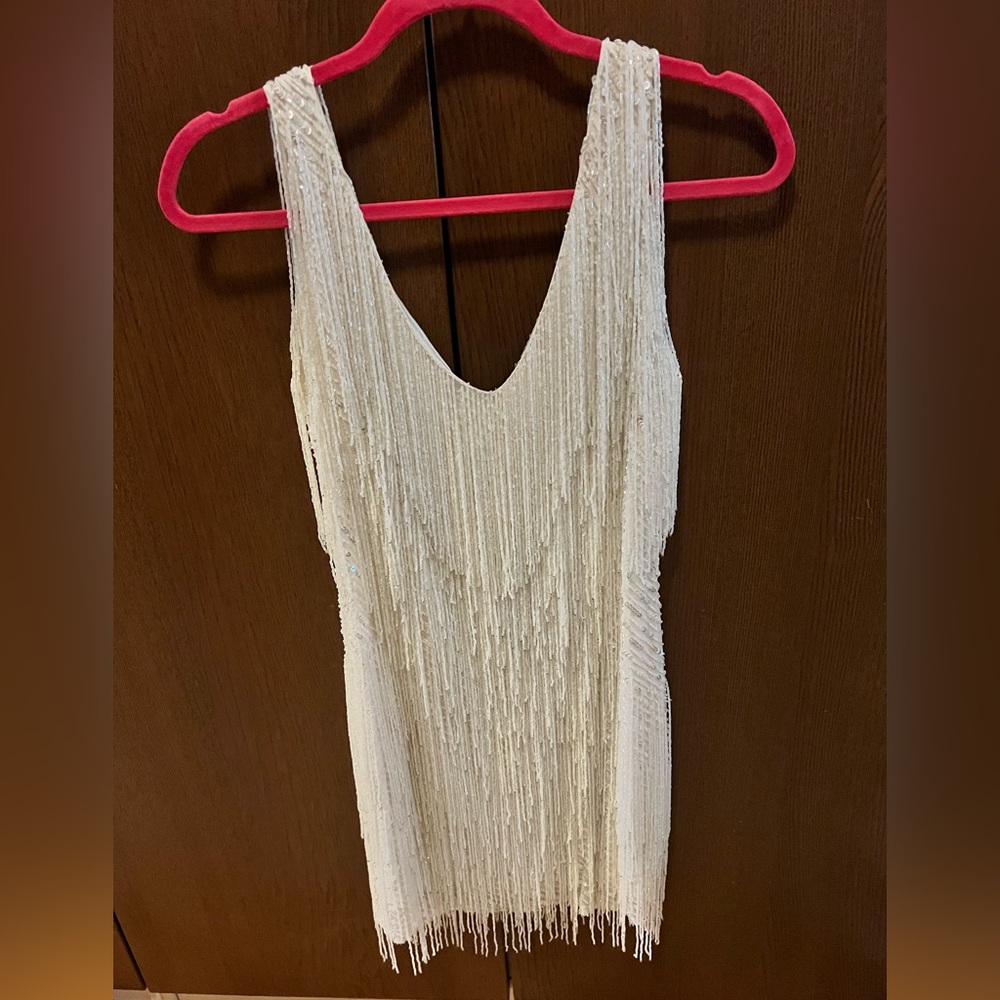 NADINE MERABI White Fringe Wedding Dress